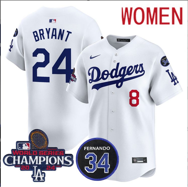 Women MLB Los Angeles Dodgers #24 Bryant white 2024 World Series Champions Patch Limited Jersey